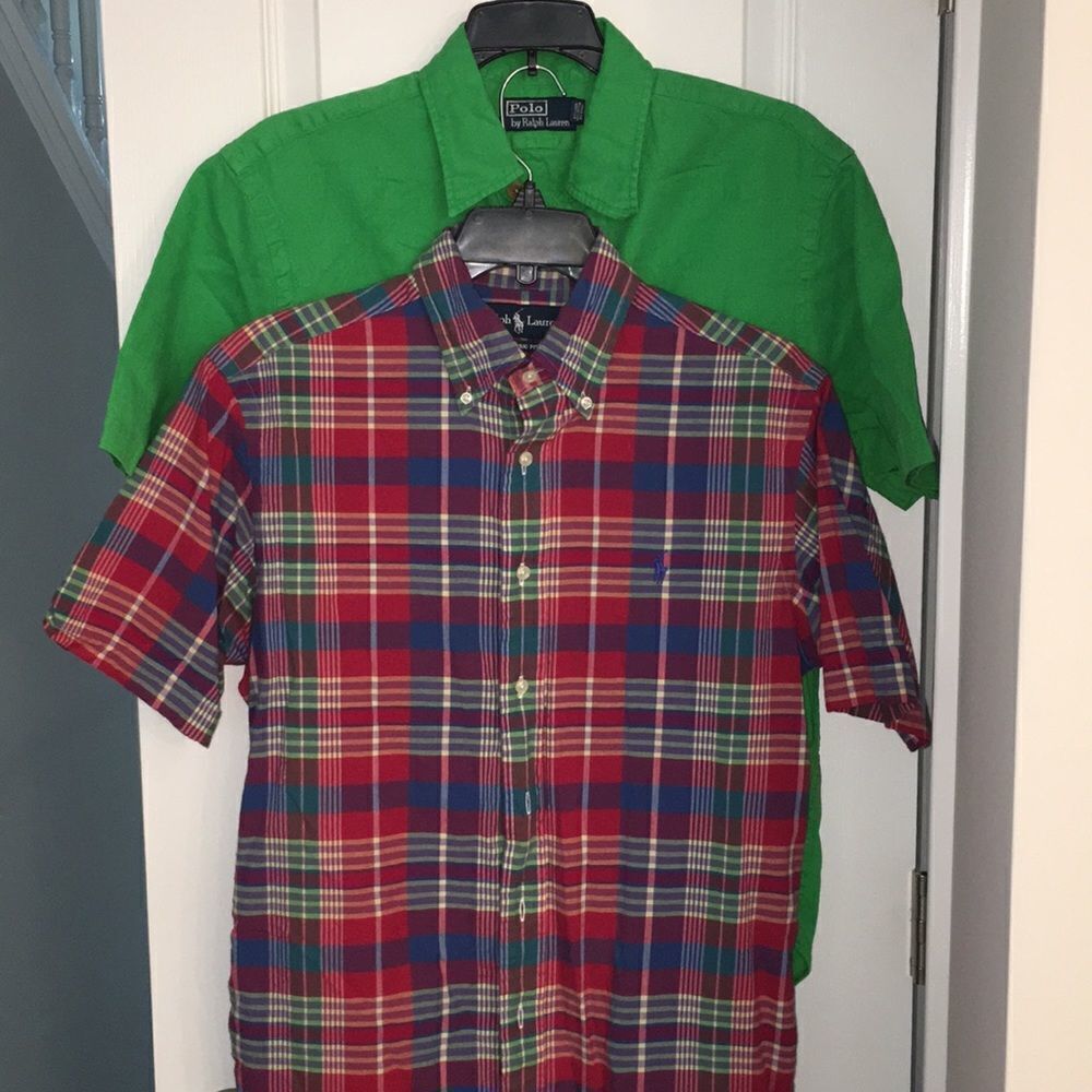 2-Two pack of Madras Plaid & Solid Green Safari Polo Ralph Lauren shirt-S mens